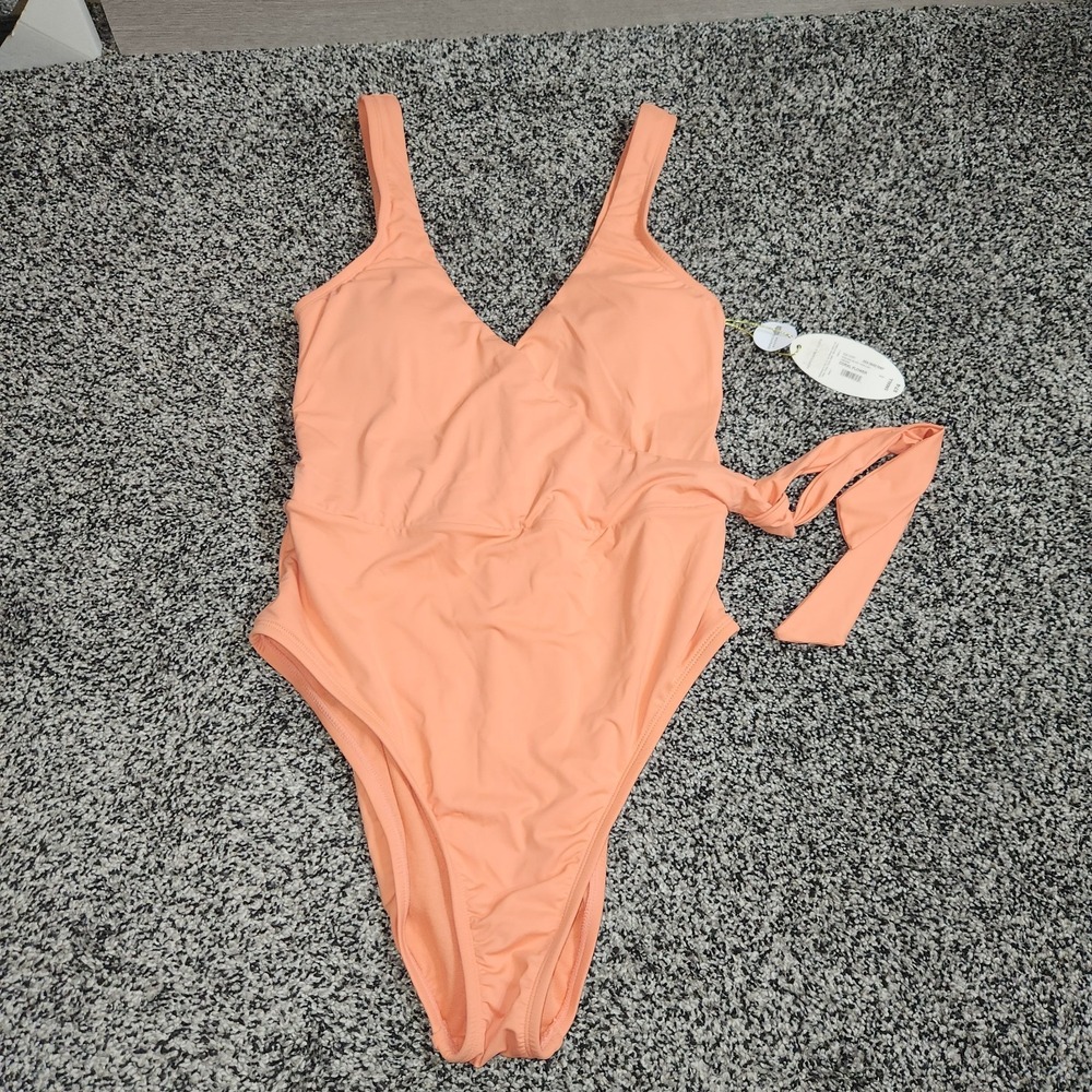 Mynah One Piece Swimsuit Peach Coral V Neck Side Tye Sexy Slimming Small Nwt
